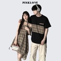Đồ đôi nam nữ PINKLOVE set couple áo thun nam tay ngắn váy hai dây nữ kẻ sọc màu nâu cho cặp đôi P182