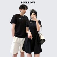 Đồ đôi nam nữ PINKLOVE set couple áo phông nam đầm nữ dáng ngắn màu đen thời trang P196