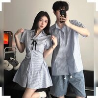 Đồ đôi nam nữ set couple áo sơ mi nam đầm nữ dáng ngắn kẻ sọc màu xanh cho cặp đôi COUPLELOVE C170