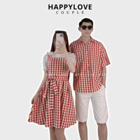 Đồ đôi nam nữ set couple hàn quốc HAPPYLOVE áo sơ mi nam đầm nữ hai dây sọc kẻ caro đỏ cao cấp M041