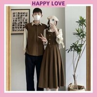 Đồ đôi nam nữ thu đông set couple áo sơ mi nam đầm nữ dáng dài HAPPYLOVE màu nâu vintage cho cặp đôi H121