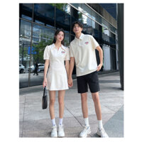 Đồ đôi nam nữ Váy áo thun POLO phong cách trẻ trung ngắn tay váy cặp đôi áo thun màu kem AV306