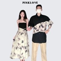 Đồ đôi set couple áo sơ mi nam đầm nữ hai dây mùa hè PINKLOVE hoạ tiết lá vải voan thời trang cặp đôi P141