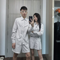 Đồ đôi sơ mi dài tay nữ kèm quần váy đính nơ, nam kèm quần short Set couple người yêu hot trend mới 2024(có lẻ)