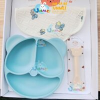 Đồ Dùng Ăn Dặm, Bộ 3 Món Phụ Kiện Ăn Dặm cho Bé Khay Silicon đế hút chân không, Muỗng Nhựa, Yếm Ăn Dặm cho Bé