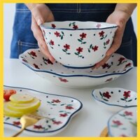 Đồ dùng gốm sứ hoa đỏ, bát cơm, bát súp, bát mì, đĩa, cốc, đồ gia dụng phong cách Nhật Bản, tráng men