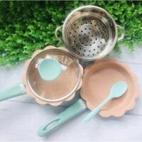 ĐỒ DÙNG NẤU ĐỒ ĂN DẶM CHO BÉ - Bộ nồi chảo kèm vỉ hấp inox và thìa muỗng silicon chất liệu đá hoa cương cao cấp