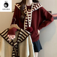 Đỏ Giả Hai Mảnh Khăn Choàng Sọc Áo Len Hai Mảnh Bộ Thu Đông Plus Kích Thước Retro Thời Trang Kn