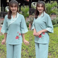 Đồ Lam Đi Chùa  Bà Lai Nhật Vải Cao Cấp  Quần Áo Nữ  Đồ Bộ Nữ  Vải Hàn Quốc - Xanh Ngọc Lụa Lạnh,Size XL- 70kí TrởLại