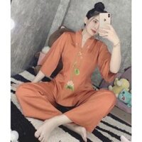 Đồ Lam Đi Chùa  Bà Lai Vải Lụa Hoa Thêu Đồ Bộ  Quần Áo Nữ Vải Mát - Vàng Gạch,Size 4- 60kí Trở Lại