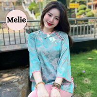 Đồ lam đi chùa khuy tết đính ngọc vân Phượng Hoàng Pháp phục đi chùa cổ tròn lụa gấm Đồ bộ đi lễ sang trọng