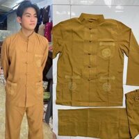 Đồ Lam Đi Chùa  Lãnh Tụ Nam Thêu 3 Túi  Đồ Bộ Nam  Quần Áo Nam - Bò Lợt Vải Kate,Size 2- 55kí Trở Lại