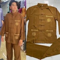 Đồ Lam Đi Chùa  Lãnh Tụ Nam Thêu 3 Túi  Đồ Bộ Nam  Quần Áo Nam - Bò Đậm Vải Kate,Size 2- 55kí Trở Lại