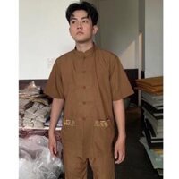 Đồ Lam Đi Chùa  Lãnh Tụ Thêu Túi  Đồ Bộ Nam  Quần Áo Nam - Bò Đậm,Size 2- 57kí Trở Lại