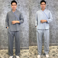 Đồ lam đi chùa nam cao cấp-Pháp phục nam cổ chéo sang trọng vải chéo hàn mềm mát tay dài quần lưng chun có túi