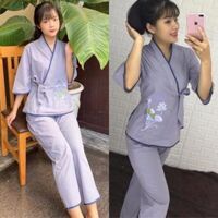 Đồ Lam Đi Chùa  Nhật Nơ Vải Mát Không Thêu  Đồ Bộ Nữ  Quần Áo Nữ - Lam Thêu Thư Pháp,Size 3- 56kí Trở Lại