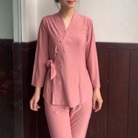Đồ Lam Đi Chùa Nhật Nơ Vải Thun  Quần Áo Nữ  Đồ Bộ Nữ - Hồng Lợt,Size 4- 60kí Trở Lại