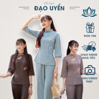 Đồ lam đi chùa nữ cao cấp vải đũi vân mây thêu sen quạt