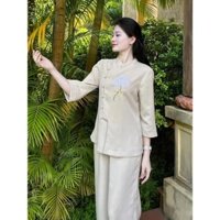 Đồ lam đi chùa nữ chất vải linen thời thượng nút gài thêu hoa sen - Pháp phục đi chùa nữ cho phật tử