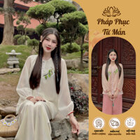 Đồ lam đi chùa nữ cổ tròn thêu hoa cúc hoàng kim Bộ đi chùa dài tay voan tơ 3 lớp Pháp phục đi lễ cao cấp, trẻ chung