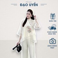 Đồ lam đi chùa nữ vải tơ voan thêu hoa đắp chéo màu trắng - Đạo Uyển