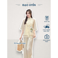 Đồ lam đi chùa nữ vải tơ voan thêu hoa sen chuồn chuồn cao cấp