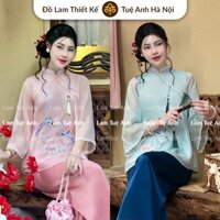 Đồ lam đi chùa pháp phục tơ lụa cao cấp thêu "SONG PHỤNG" kèm charm vĩnh kết đồng tâm Top women