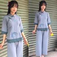 Đồ Lam Đi Chùa  Sẫm 2Nút Hoa Thêu Phối Vải Đũi - Lam,Size 4- 60kí TrởLại