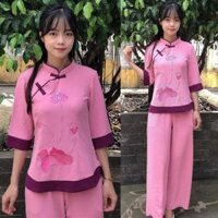 Đồ Lam Đi Chùa  Sẫm 2Nút Phối Vải Đũi Cao Cấp  Quần Áo Nữ  Đồ Bộ Nữ - Hồng,Size 5- 64kí Trở Lại