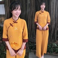 Đồ Lam Đi Chùa  Sẫm 2Nút Phối Vải Đũi Cao Cấp  Quần Áo Nữ  Đồ Bộ Nữ - Vàng,Size 2- 50kí Trở Lại
