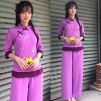 Đồ Lam Đi Chùa  Sẫm 2Nút Phối Vải Đũi Cao Cấp  Quần Áo Nữ  Đồ Bộ Nữ - Tím,Size 4- 60kí Trở Lại