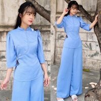 Đồ Lam Đi Chùa Sẫm Lụa Cao Cấp Bươm Bướm  Đồ Bộ Nữ Quần Áo - Xanh Biển,Size M- 56kí Trở Lại