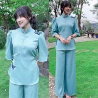Đồ Lam Đi Chùa Sẫm Lụa Cao Cấp Bươm Bướm  Đồ Bộ Nữ Quần Áo - Xanh,Size S- 50kí Trở Lại