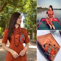 Đồ Lam Đi Chùa Sẫm Vải Lụa Cao Cấp Quần Áo Nữ Đồ Bộ - Cam,Size Xl- 68kí TrởLại