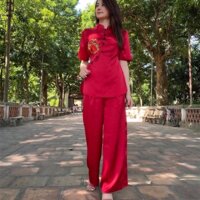 Đồ Lam Đi Chùa Sẫm Vải Lụa Cao Cấp Quần Áo Nữ Đồ Bộ - Đỏ,Size Xl- 68kí TrởLại