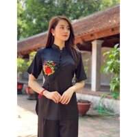 Đồ Lam Đi Chùa Sẫm Vải Lụa Cao Cấp Quần Áo Nữ Đồ Bộ - Đen,Size Xl- 68kí TrởLại