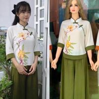 Đồ Lam Đi Chùa  Tàu Lụa Quần Váy  Hoa Sen iN  Quần Áo Nữ  Đồ Bộ Nữ - Xanh Rêu,Size 5- 64kí Trở Lại