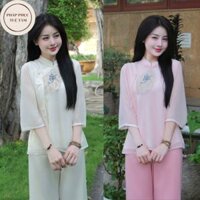 Đồ lam đi chùa thêu quạt chất liệu vải voan tơ 2 lớp, Set đồ đi chùa nữ thiết kế thanh lịch sang chảnh - Tuệ Tâm