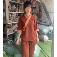 Đồ Lam Đi Chùa  Tim Phối 3Nút Vải Cao Cấp  Quần Áo Nữ  Đồ Bộ Nữ - Vàng Bò Đậm,Size 3- 55kí Trở Lại