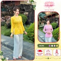 Đồ Lam Đi Chùa Tịnh Tâm, Pháp phục nữ lụa vân Cổ Tròn TAY DÀI cúc ngọc lụa gấm cao cấp, Size 40-65kg,4 size S,M,L,XL