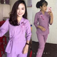 Đồ Lam Đi Chùa  Xéo Nơ Vẽ  Đồ Bộ  Quần Áo Nữ  Vải Mát - Tím,Size 3 -56kí Trở Lại