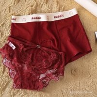 Đồ lót cặp đôi ~ Ren đỏ năm mới sexy mong muốn thuần khiết, quần lót boxer cotton thoải mái cho nam và nữ