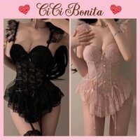 Đồ lót gợi cảm- Corset ren xuyên thấu đính nơ kèm đai kẹp tất 2 màu siêu yêu CB58 Louis19 HCM