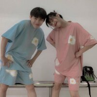 Đồ mặc hè,Đồ bộ đùi unisex nam nữ họa tiết trứng ôpla - Hồng,XL