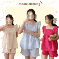 Đồ Mặc Nhà, Bộ Ngủ Nữ, Pijama Cánh Tiên Quần Đùi Kẻ Caro Vải Thô Mềm Freesize