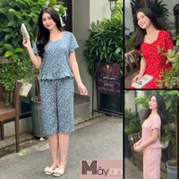 Đồ mặc nhà MÂY áo cổ vuông tay ngắn quần lửng lụa Nhật họa tiết hoa