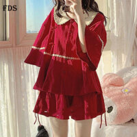 Đồ mặc nhà quần short nữ đồ ngủ Cổ Búp Bê rộng rãi Mùa Hè Tay Ngắn Bộ hai chiếc FDS viền hoa thoải mái
