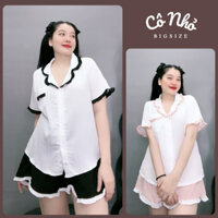 Đồ Ngủ Bigsize Nữ Áo Cổ Bèo Tay Ngắn Quần Lưng Chun Pijama Dễ Thương Vải Đũi Xốp SET65
