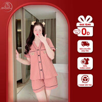 Đồ Ngủ Bộ Đũi Gân Mát Mặc Ở Nhà, Áo Cổ Chữ Y Quần Đùi