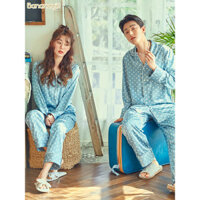 Đồ ngủ cặp đôi phong cách Hàn Quốc Bananagirl, đồ ngủ lụa Hàn Quốc cho phụ nữ, đồ ngủ đơn giản chấm bi cho nam, đồ mặc trong nhà mùa xuân và mùa thu